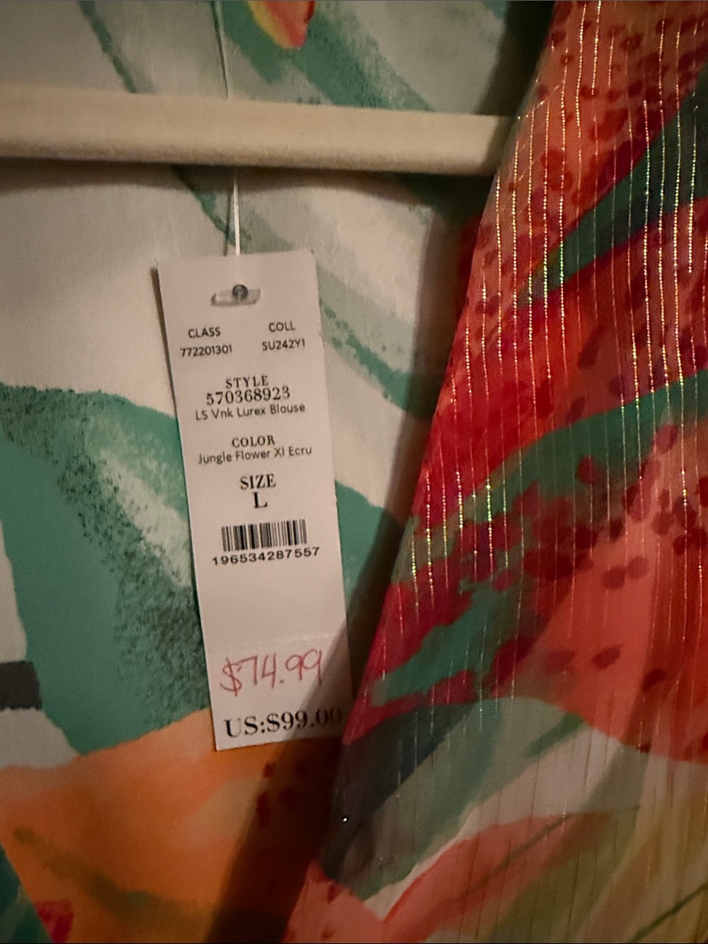 White House Black Market Jungle Flower Lurex Blouse in Teal, Coral & Orange